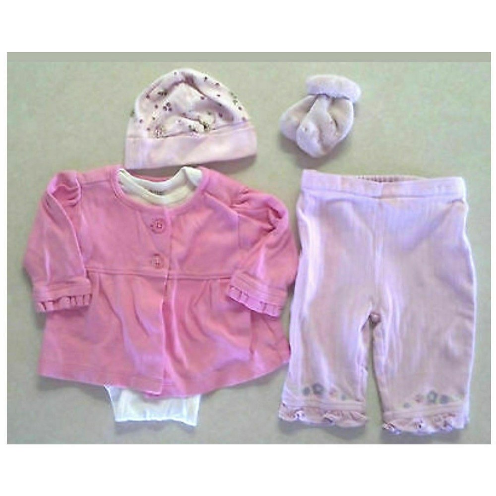 Lot of 5 Girl's Size 0-3 M Pink Cardigan, Top, Pants, Cap & Other Outfit Floral